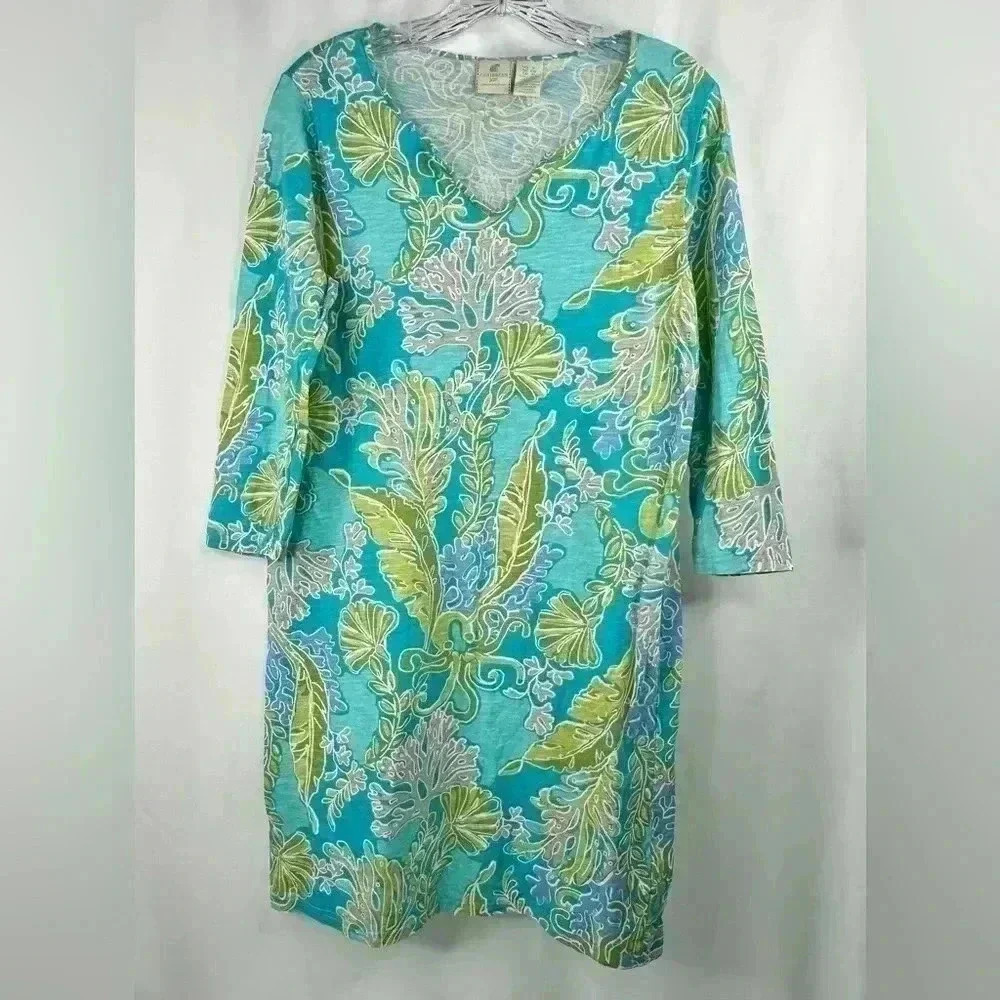 Caribbean Joe Women Turquoise Aquamarine Print Cotton 3/4 Sleeve Mini Dress Sz S